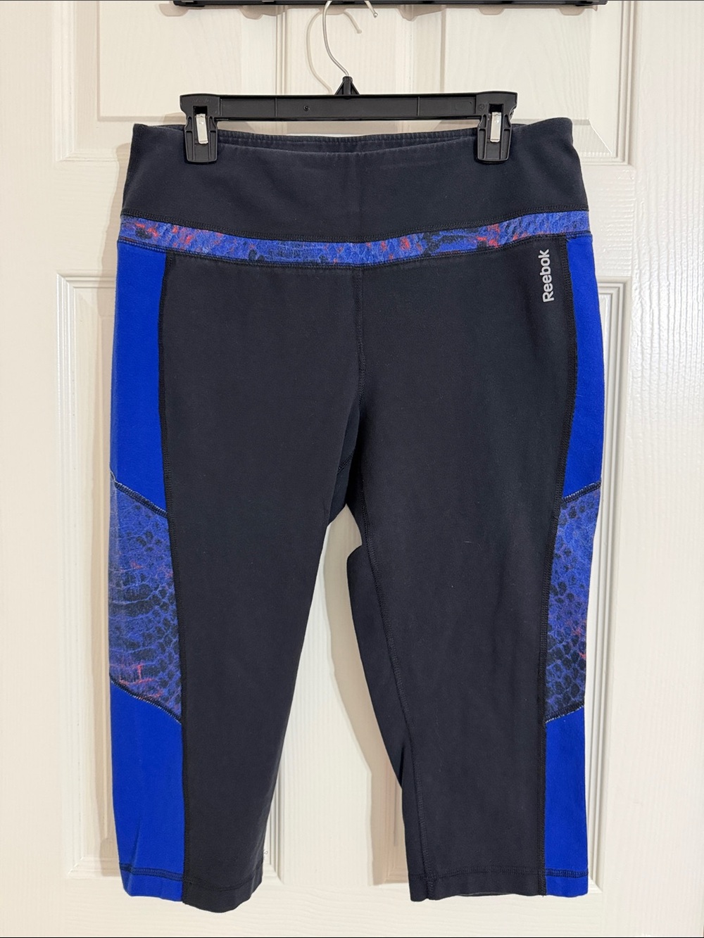 Reebok Black and Royal Blue Cropped Athletic Capris with Patterned Panels